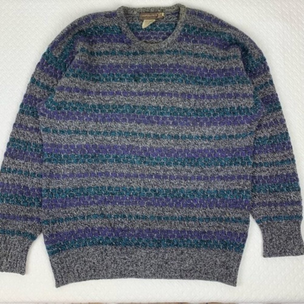 Vintage Cable Knit Wool Purple and Turquoise Grandpa Sweater (UNISEX)